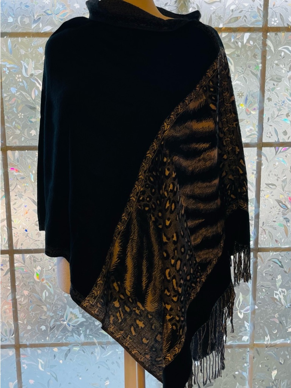 3/$30 Black, Gray and White Animal Print Fringe Poncho Shawl